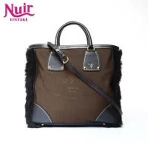 Prada Canvas Jacquard Logo Fur Tote Bag Brown